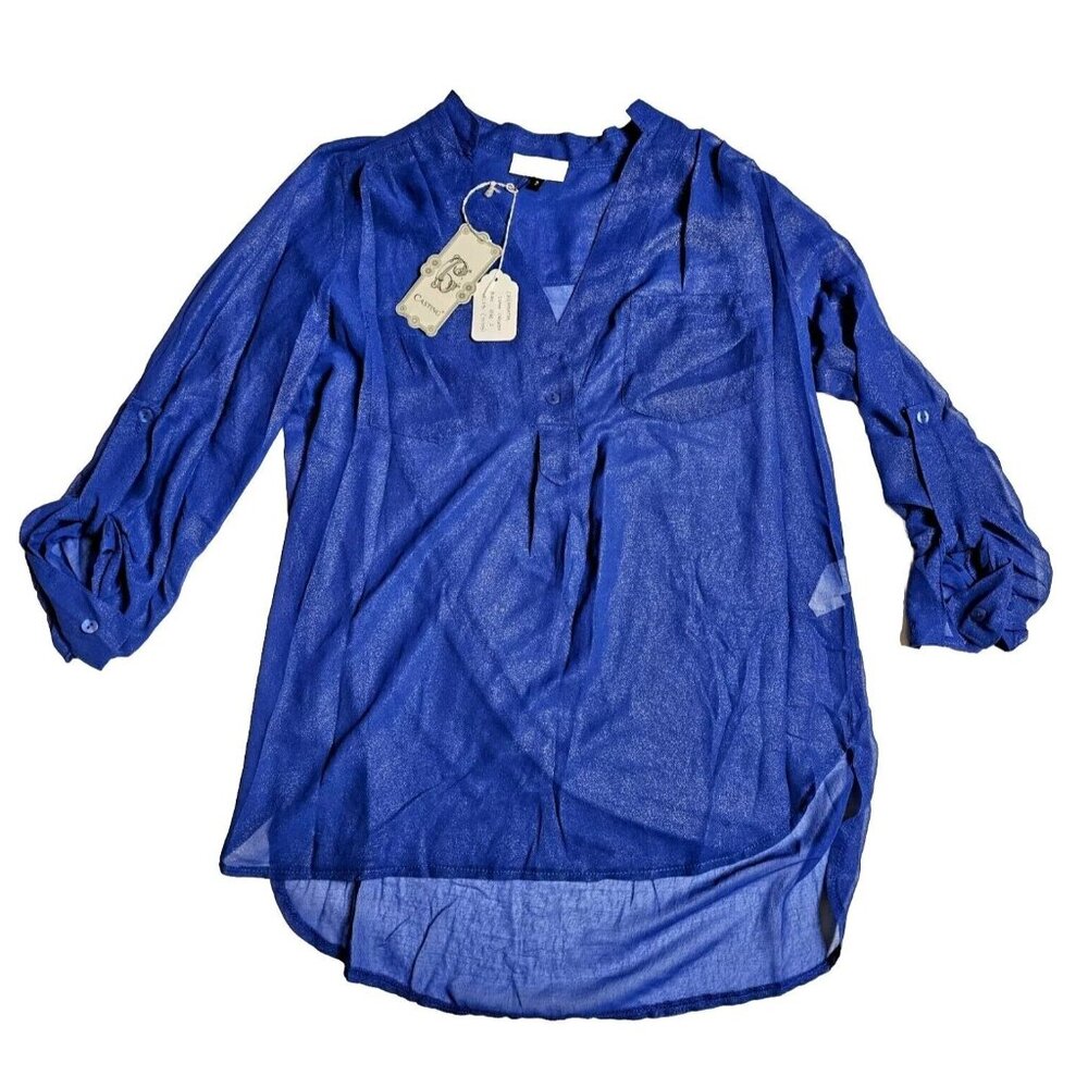 Elegant French Long Sleeve Blue Shimmery Sheer See Through Blouse By Casting NWT